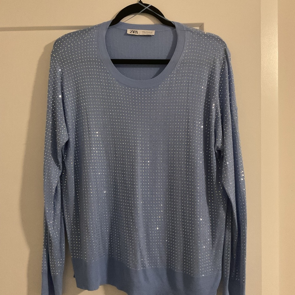 Zara Light Blue Sequin Knit Top